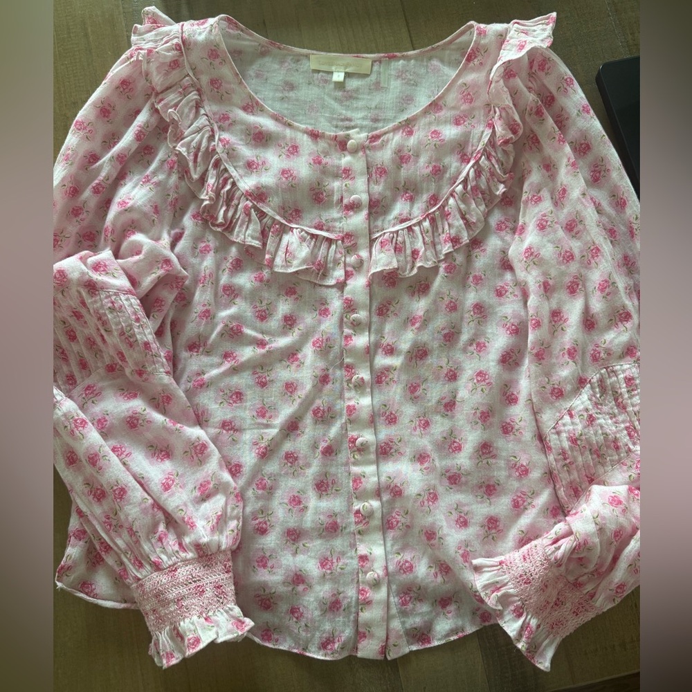 Loveshackfancy pink floral blouse size small long sleeve 100% cotton top